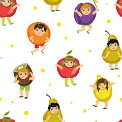 Cute Kids in Fruits Costumes Seamless Pattern, Adorable Children Dressed Like Fruit, Design Element Can Be Used for Wallpaper, Packaging, Background Vector Illustration