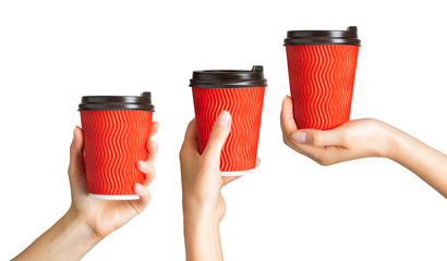 Set of women hands holding coffee paper drinking cup