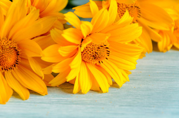 Yellow flowers composition on wooden background. Spring, easter, bithday.