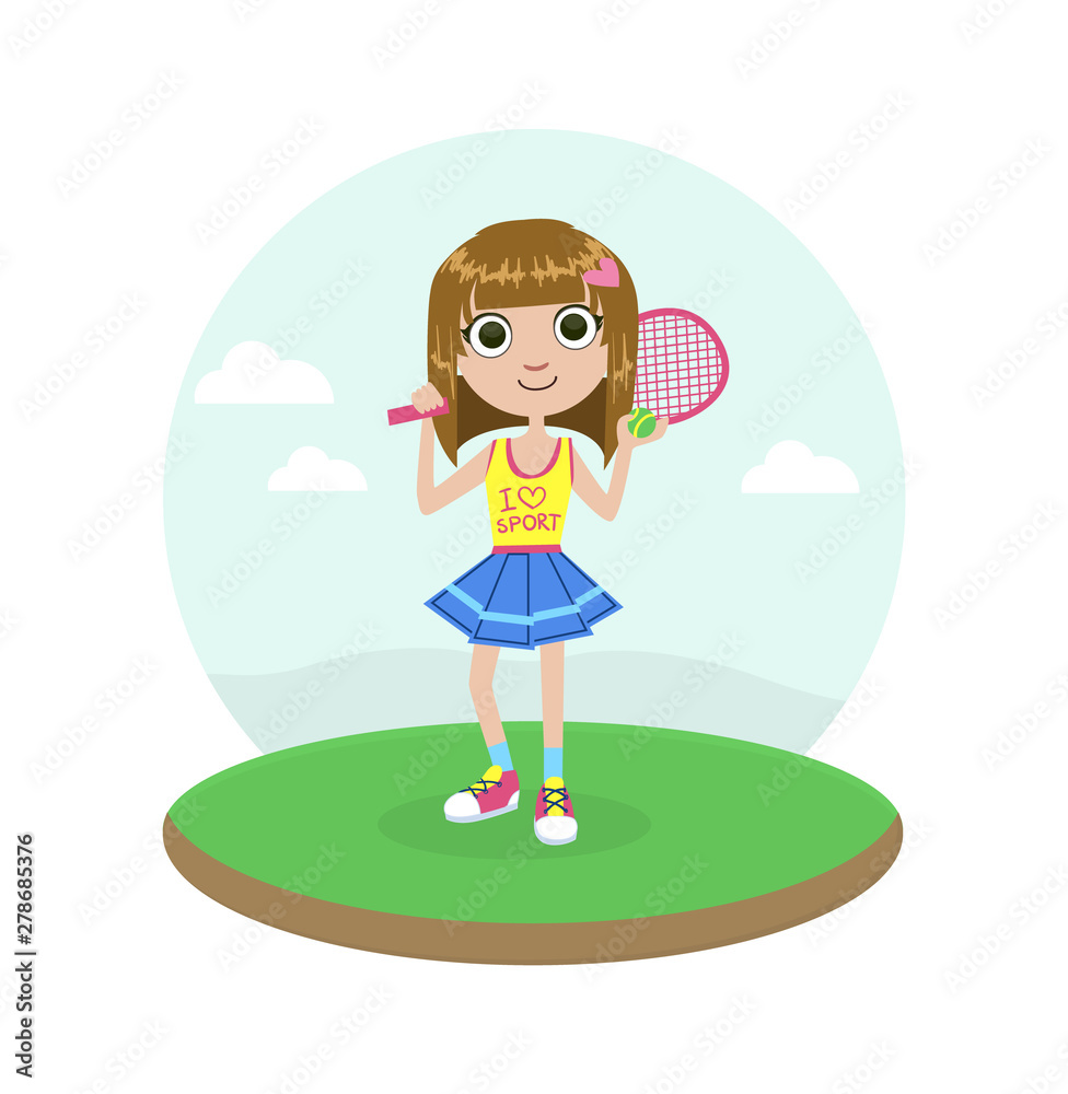 Poster cute young girl tennis player with racket vector illustration