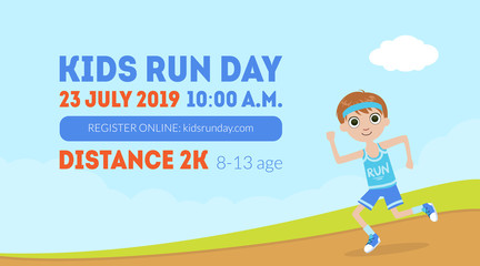 Kids Run Day Banner Template with Space for Text, Cute Boy and Running on Nature Landscape Vector Illustration