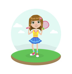 Cute Young Girl Tennis Player with Racket Vector Illustration