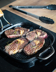 grilled steaks on the pan