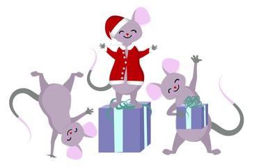 Chinese zodiac sign Year of the Rat, cute mice with gifts and wishes