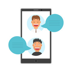 Fototapeta na wymiar Men Face Avatars on Screen of Smartphone with Dialog Speech Bubbles, Social Media Networking Vector Illustration