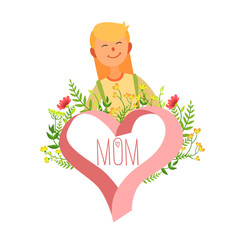 Mothers Day Card Template, Happy Beautiful Mother and Floral Frame in Shape of Heart Vector Illustration