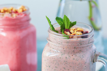 smoothie with granola for healthy breakfast. Selective focus