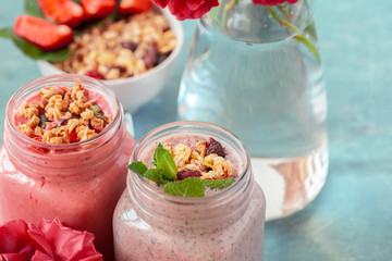 smoothie with granola for healthy breakfast. Selective focus