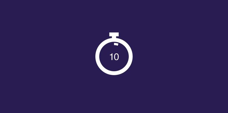 Minimalistic icon design. White stopwatch outline flat animation with counter number from 0 to 60 and moving loop inside it on purple background.