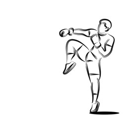 Silhouette of a Boxing  doing standing side kick, Flat line art illustration Design.
