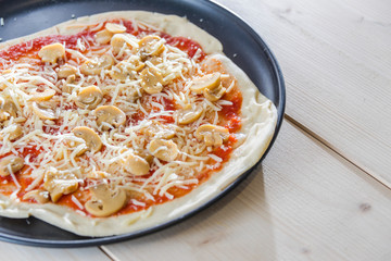 Italian food culture wiht snack on a wooden table.Delicious freshly baked in the stone oven fresh pizza.