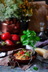 Pasta alla Norma. .style rustic.selective focus