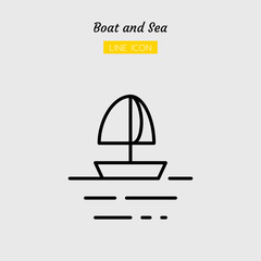 line icon symbol, sailboat and sea Isolated flat outline vector design