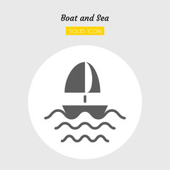 solid icon symbol, sailboat and sea Isolated flat silhouette vector design
