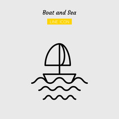 line icon symbol, sailboat and sea Isolated flat outline vector design