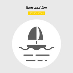 solid icon symbol, sailboat and sea Isolated flat silhouette vector design