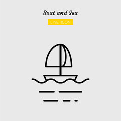 line icon symbol, sailboat and sea Isolated flat outline vector design