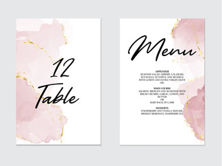 Tender rose violet pastel liquid flow. Watercolor splash, alcohol ink art on wedding template:table number, meny design. 