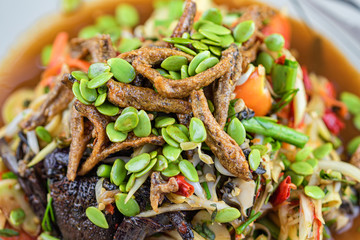 Close up Somtum. Thai spicy green papaya salad (Somtum pha)