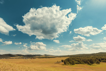 Obraz premium Idyllic minimalistic relaxing landscape with grassy hill and colorful sky