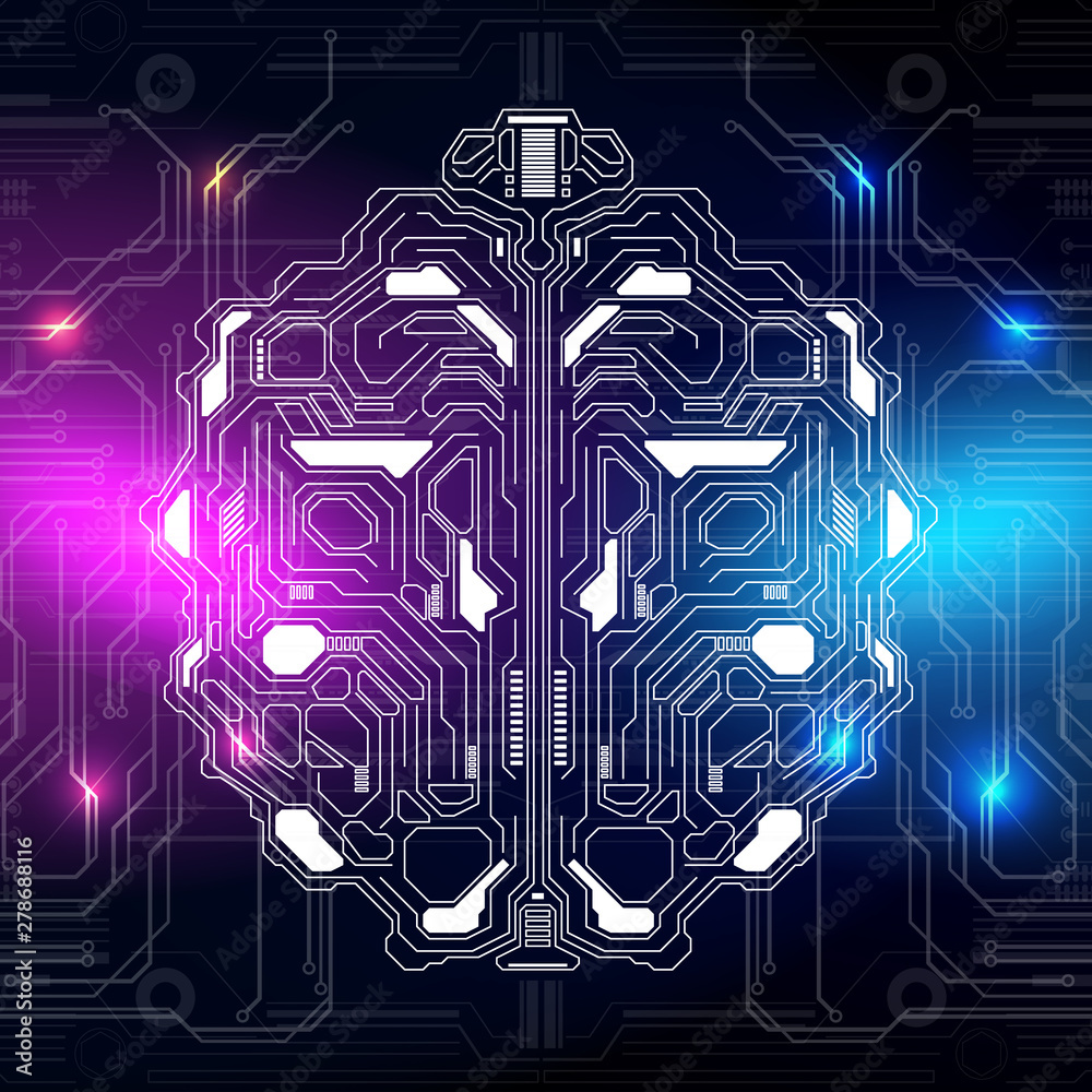 Poster Brain Futuristic Element Circuit Board With Encoder And Decoder Binary Code Vector Background. Virtual Blue Purple Versus Abstract AI Brainstorm  Digital Data Security Technology Illustration.