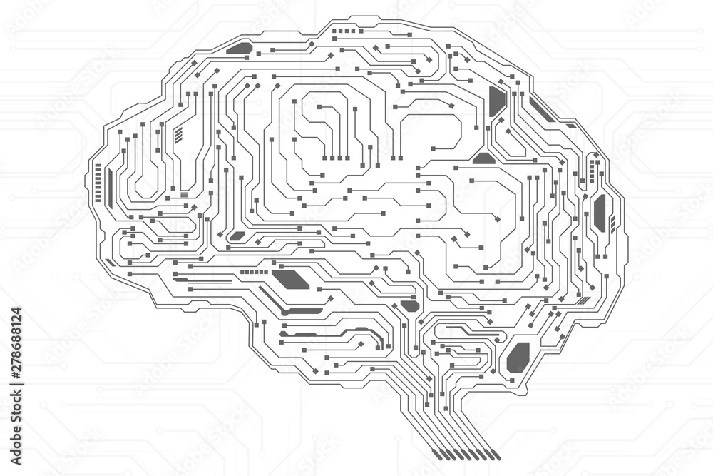Aufkleber Brain Futuristic Element Circuit Board With Encoder And Decoder Binary Code Vector Background. Virtual Grayscale Abstract AI Brainstorm  Digital Data Security Technology Illustration.