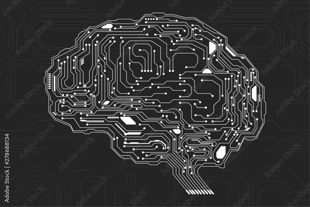 Aufkleber Brain Futuristic Element Circuit Board With Encoder And Decoder Binary Code Vector Background. Virtual Grayscale Abstract AI Brainstorm  Digital Data Security Technology Illustration.