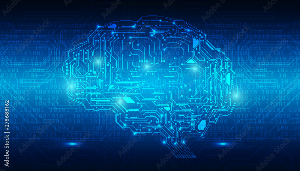 Aufkleber Brain Futuristic Element Circuit Board With Encoder And Decoder Binary Code Vector Background. Virtual Blue Abstract AI Brainstorm  Digital Data Security Technology Illustration.