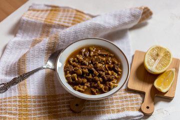 traditional Turkish dishes; dried okra soup with lemon