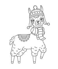 Cute outline doodle llama in hat and scarf with hand drawn elements