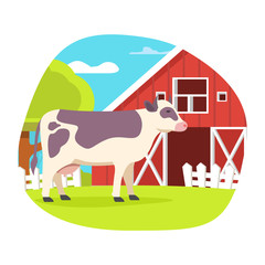 Cow in the meadow. Farm with barn and animals. Concept of rural life. Nature with trees. Landscape flat illustration.