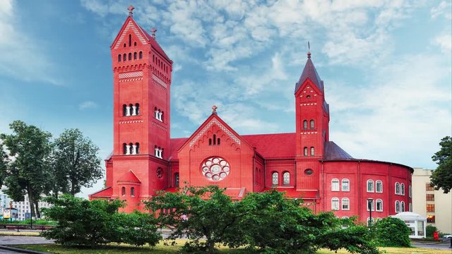 Red Church at independence Square in Minsk, Belarus - Time lapse