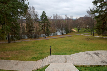 The steps on the lawn go down to the river