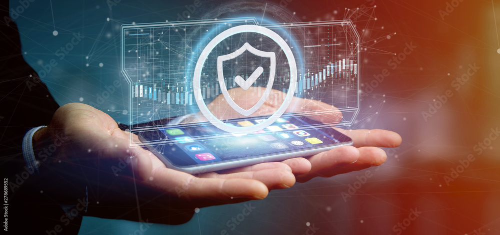 Poster man holding a shield web security concept 3d rendering