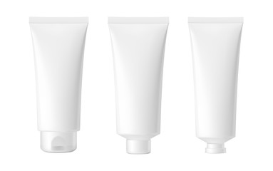 Set of blank realistic cosmetic tubes isolated on white background. Can be used for cosmetic, medical, gels, creams, shampoo and pastes. Face, side and back view. Vector illustration. EPS10.