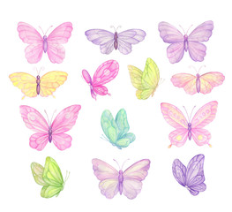 Fototapeta na wymiar butterflies on white background, set, watercolor, digital paper, textile,