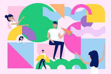 Teamwork and organization concept. Illustration of group of people organizing and arranging abstract geometric shapes. Editable vector illustration.