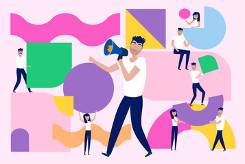 Fototapeta na wymiar Teamwork and organization concept. Illustration of group of people organizing and arranging abstract geometric shapes. Editable vector illustration.