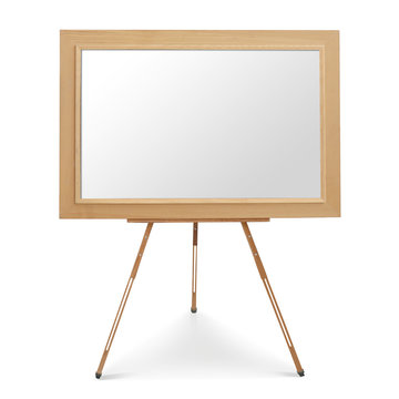 Wooden display easel with empty white canvas on white background