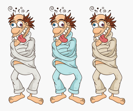 Funny vector isolated psychopath in a straitjacket with a mad smile in three colors mode. Madman with broken mind. Design for print, t-shirt, party decoration, etc.