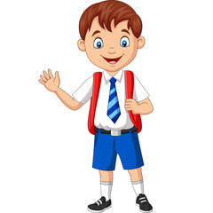 Obraz premium Cartoon school boy in uniform waving hand