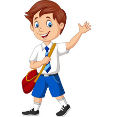 Cartoon school boy in uniform waving