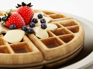 Belgian waffle with chocolate sauce and berries isolated on white background. 3D illustration