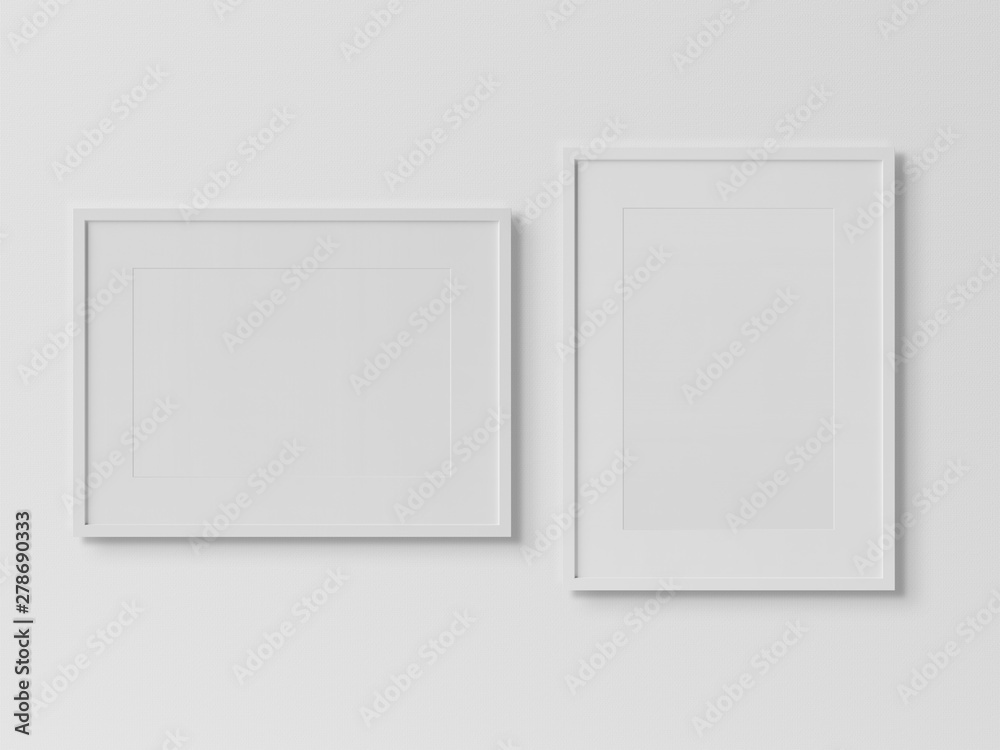 Aufkleber White rectangular frames hanging on a white wall mockup 3D rendering