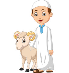 Cartoon Muslim boy with a goat