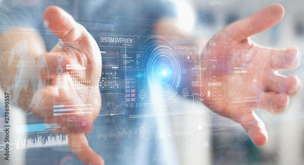 Poster Businessman using digital technological interface with datas 3D rendering