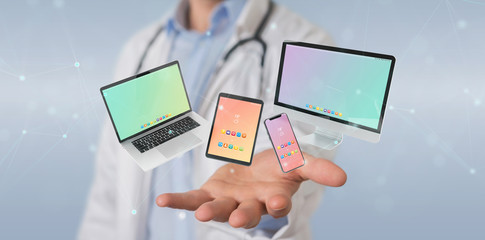 Scientist connecting modern smartphone tablet laptop and computer 3D rendering