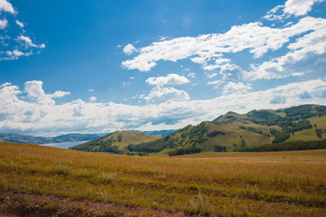 Blue sky with white clouds, trees, fields and meadows with green grass, against the mountains. Composition of nature. Rural summer landscape.