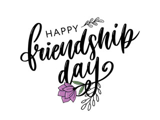 Vector illustration of hand drawn happy friendship day felicitation in fashion style with lettering text sign and color triangle for grunge effect isolated on white background