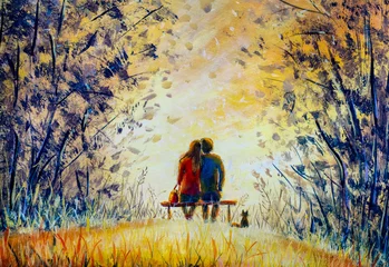Ölgemälde Romantik und Liebe. Ein liebevolles Paar und eine Katze - ein junger Mann und ein schönes Mädchen sitzen auf einer Bank und genießen die schöne Aussicht auf den gelben Sonnenuntergang. Romantische Landschaft. © weris7554